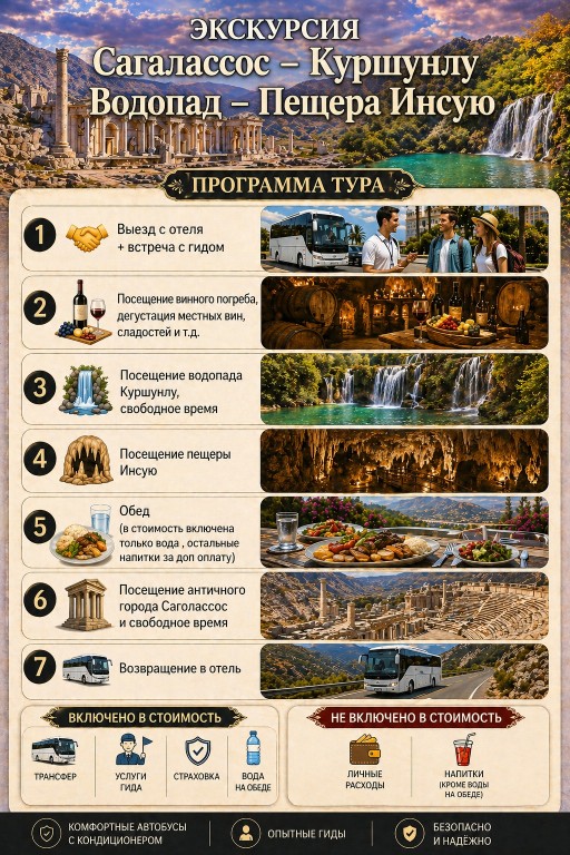 Сагалассос, Водопад Куршунлу и Пещеру Инсую из Кемера Сагалассос, Водопад Куршунлу и Пещеру Инсую из Кемера